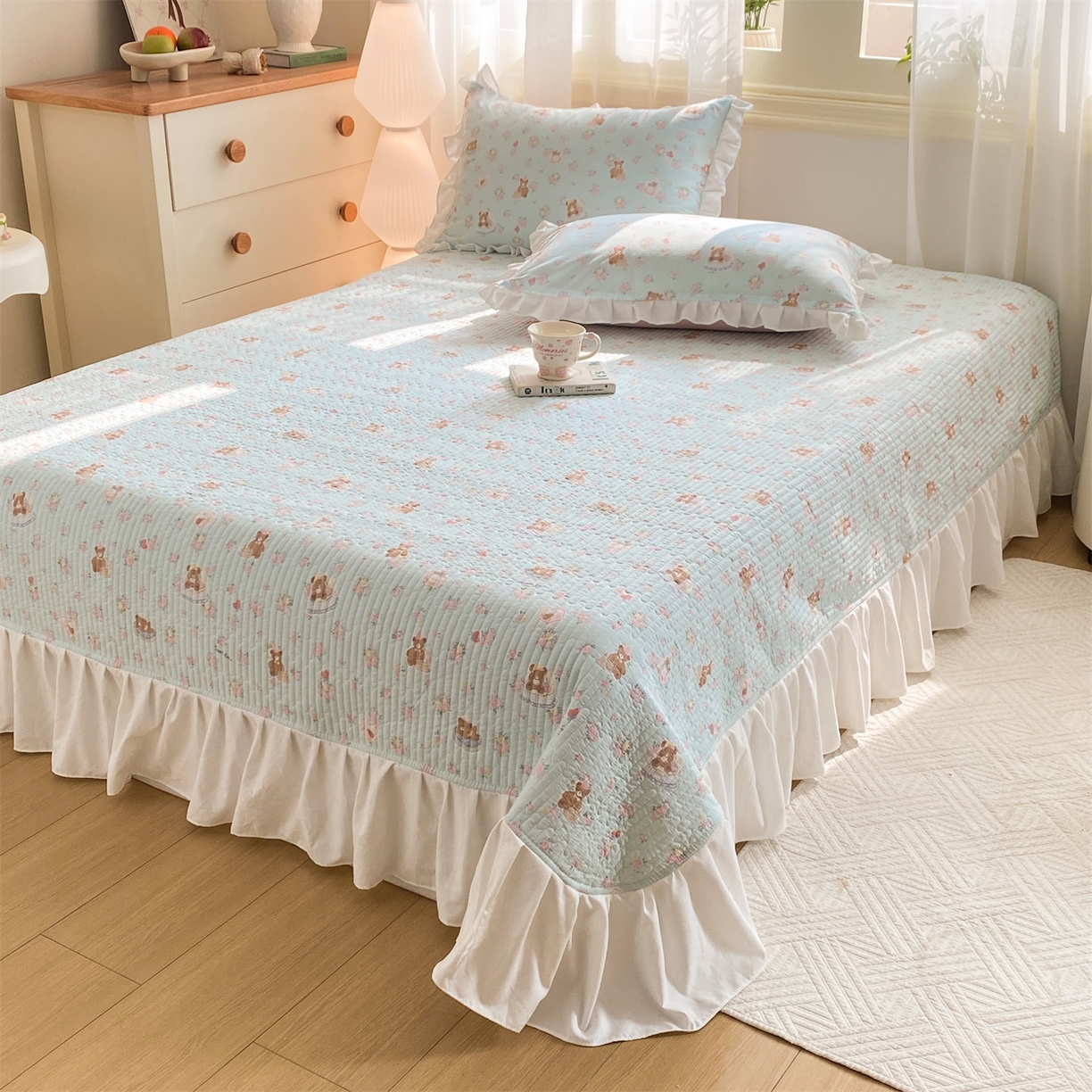 91家纺网 家纺一手货源 找家纺 优贝家纺 2026春夏新款韩系小清新水洗棉古法棉夹棉床盖四件套-风格一 甜心小熊