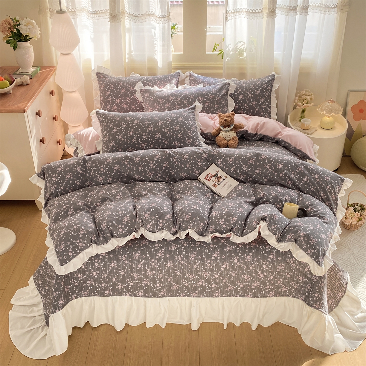 优贝家纺 2026春夏新款韩系小清新水洗棉古法棉夹棉床盖四件套-风格一 雾灰粉芙