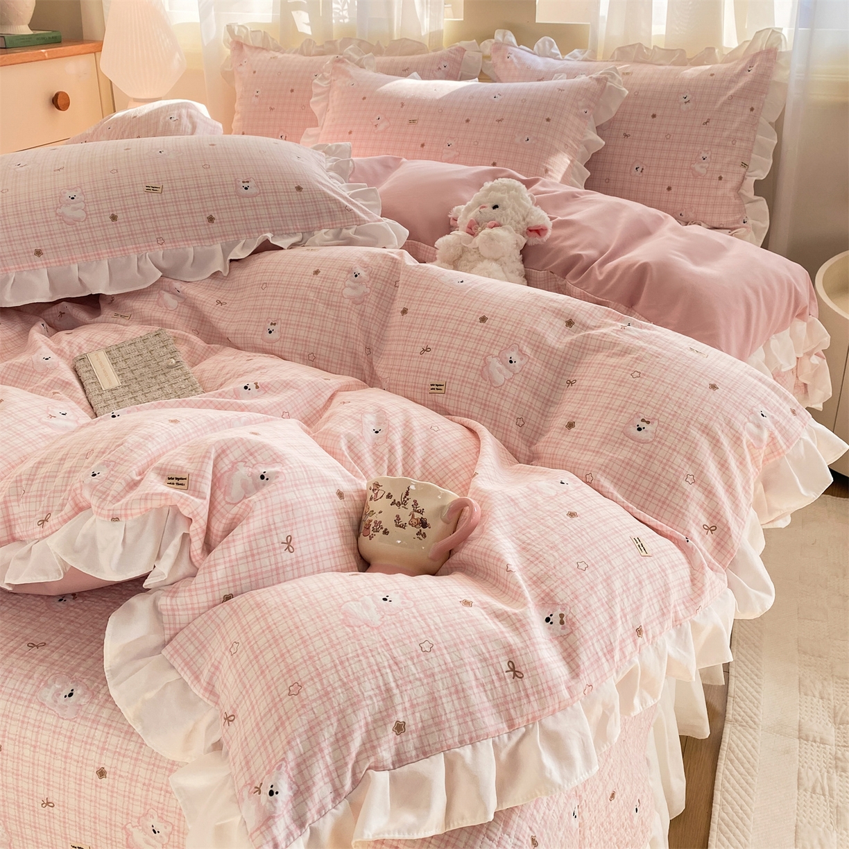 91家纺网 家纺一手货源 找家纺 优贝家纺 2026春夏新款韩系小清新水洗棉古法棉夹棉床盖四件套-风格一 星星萌宠