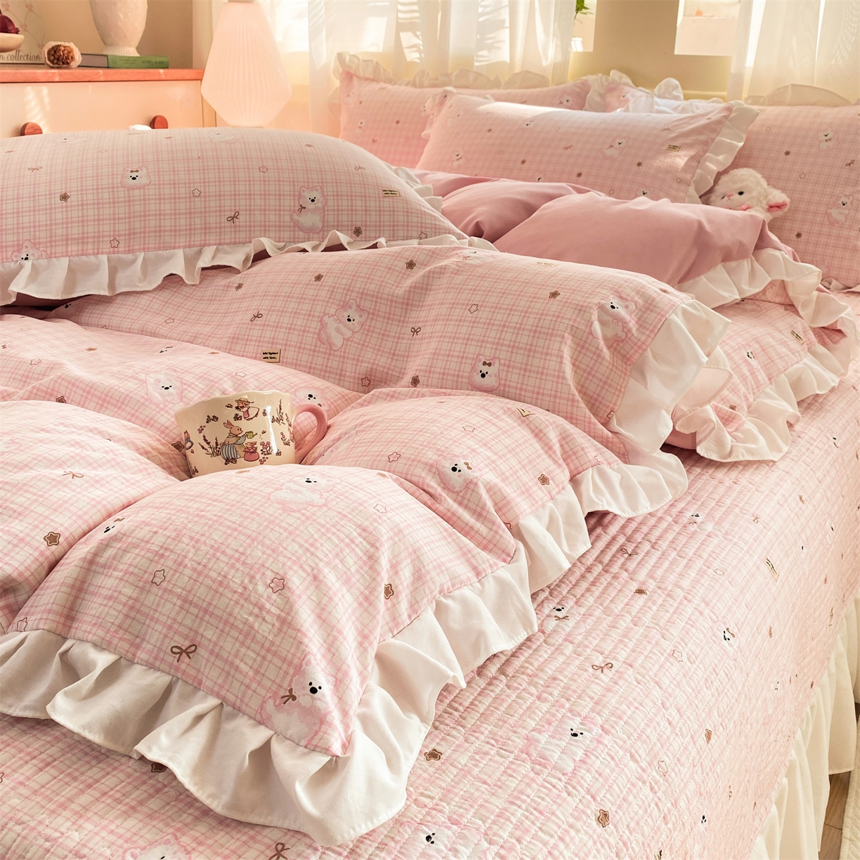 91家纺网 家纺一手货源 找家纺 优贝家纺 2026春夏新款韩系小清新水洗棉古法棉夹棉床盖四件套-风格一 星星萌宠