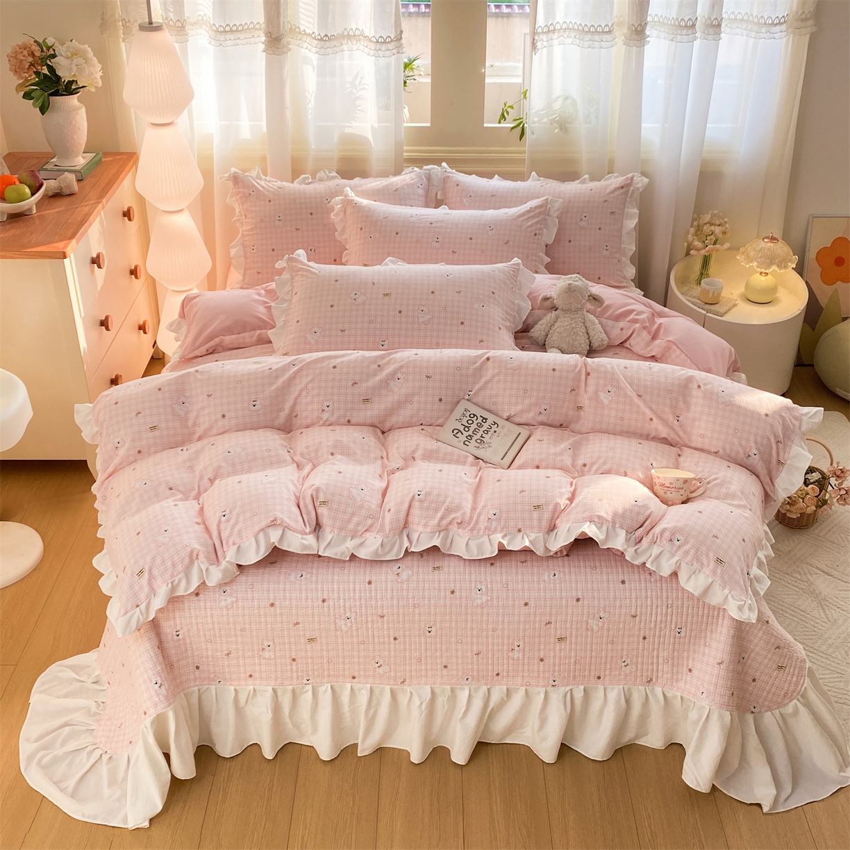 优贝家纺 2026春夏新款韩系小清新水洗棉古法棉夹棉床盖四件套-风格一 星星萌宠