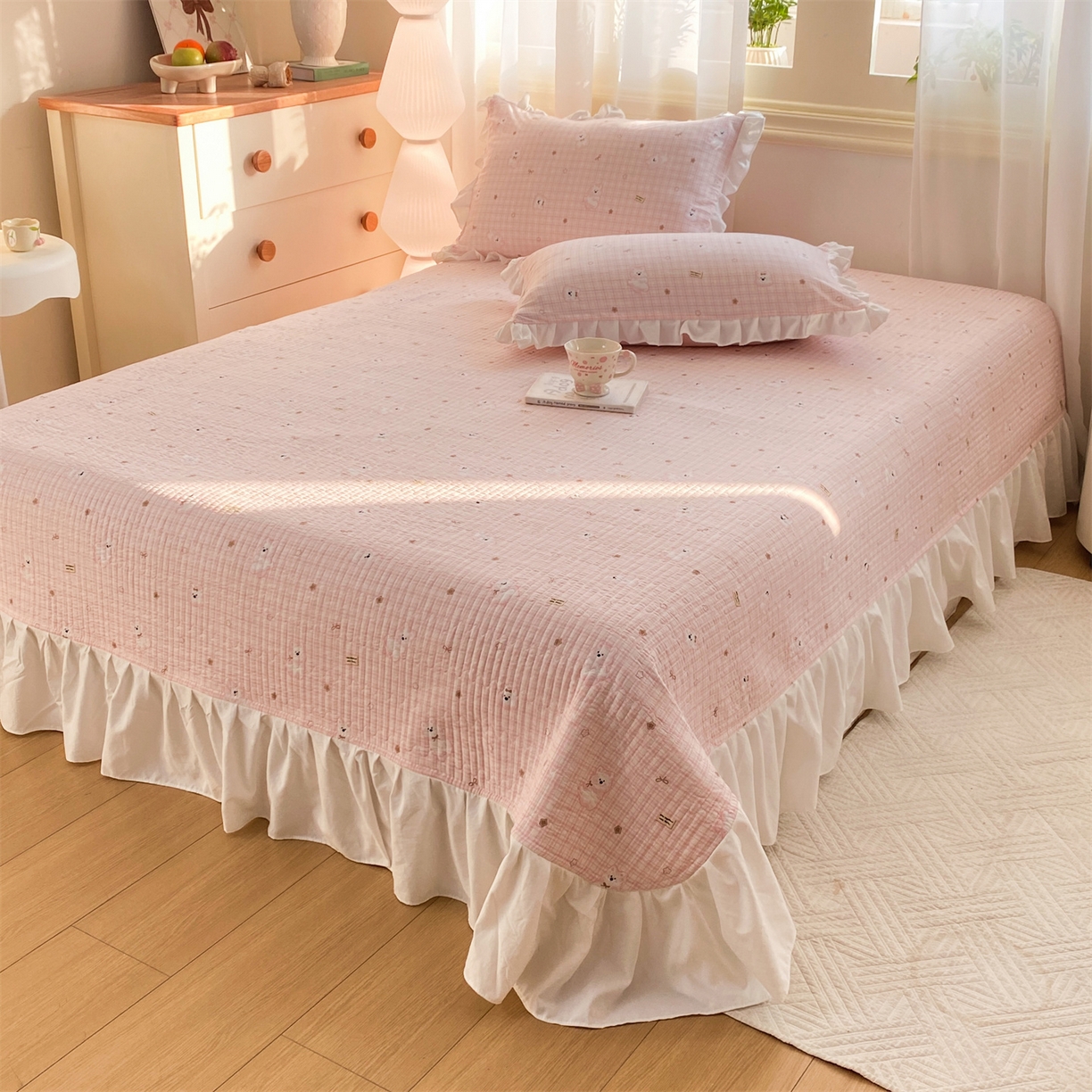 91家纺网 家纺一手货源 找家纺 优贝家纺 2026春夏新款韩系小清新水洗棉古法棉夹棉床盖四件套-风格一 星星萌宠