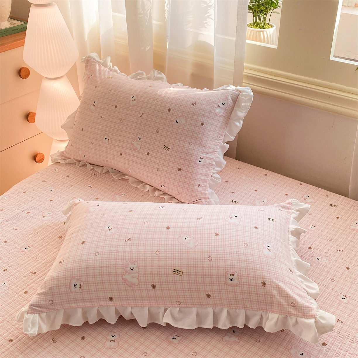 91家纺网 家纺一手货源 找家纺 优贝家纺 2026春夏新款韩系小清新水洗棉古法棉夹棉床盖四件套-风格一 星星萌宠