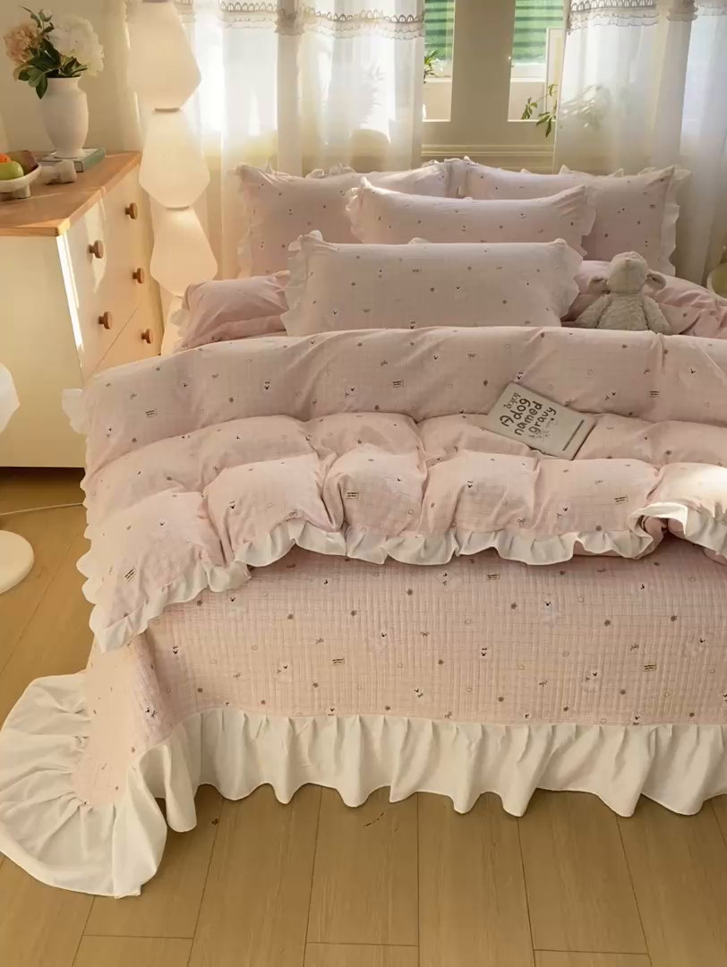 91家纺网 家纺一手货源 找家纺 优贝家纺 2026春夏新款韩系小清新水洗棉古法棉夹棉床盖四件套-风格一 星星萌宠