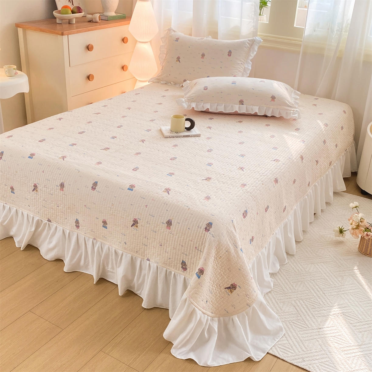 91家纺网 家纺一手货源 找家纺 优贝家纺 2026春夏新款韩系小清新水洗棉古法棉夹棉床盖四件套-风格一 杏芙萌犬