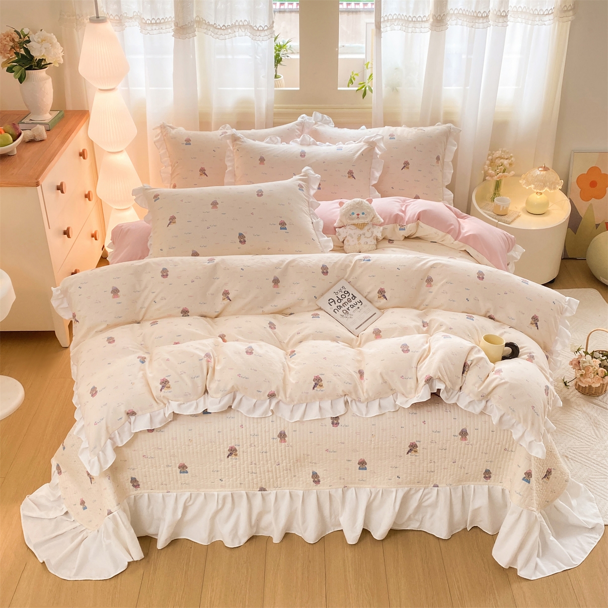 优贝家纺 2026春夏新款韩系小清新水洗棉古法棉夹棉床盖四件套-风格一 杏芙萌犬