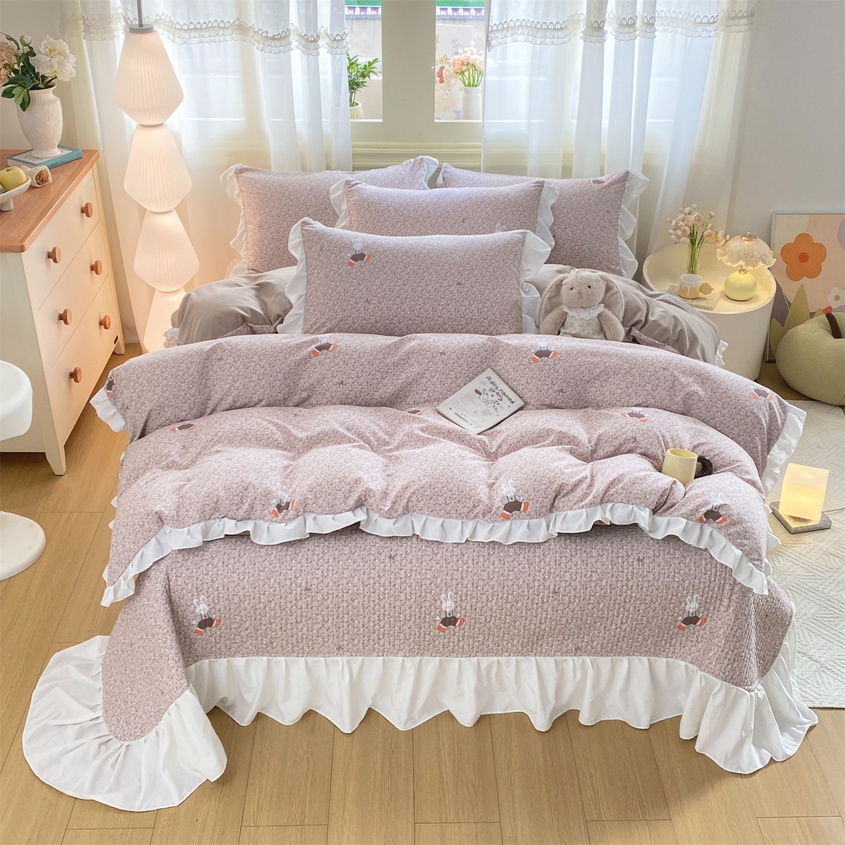 优贝家纺 2026春夏新款韩系小清新水洗棉古法棉夹棉床盖四件套-风格一 芋泥奶兔