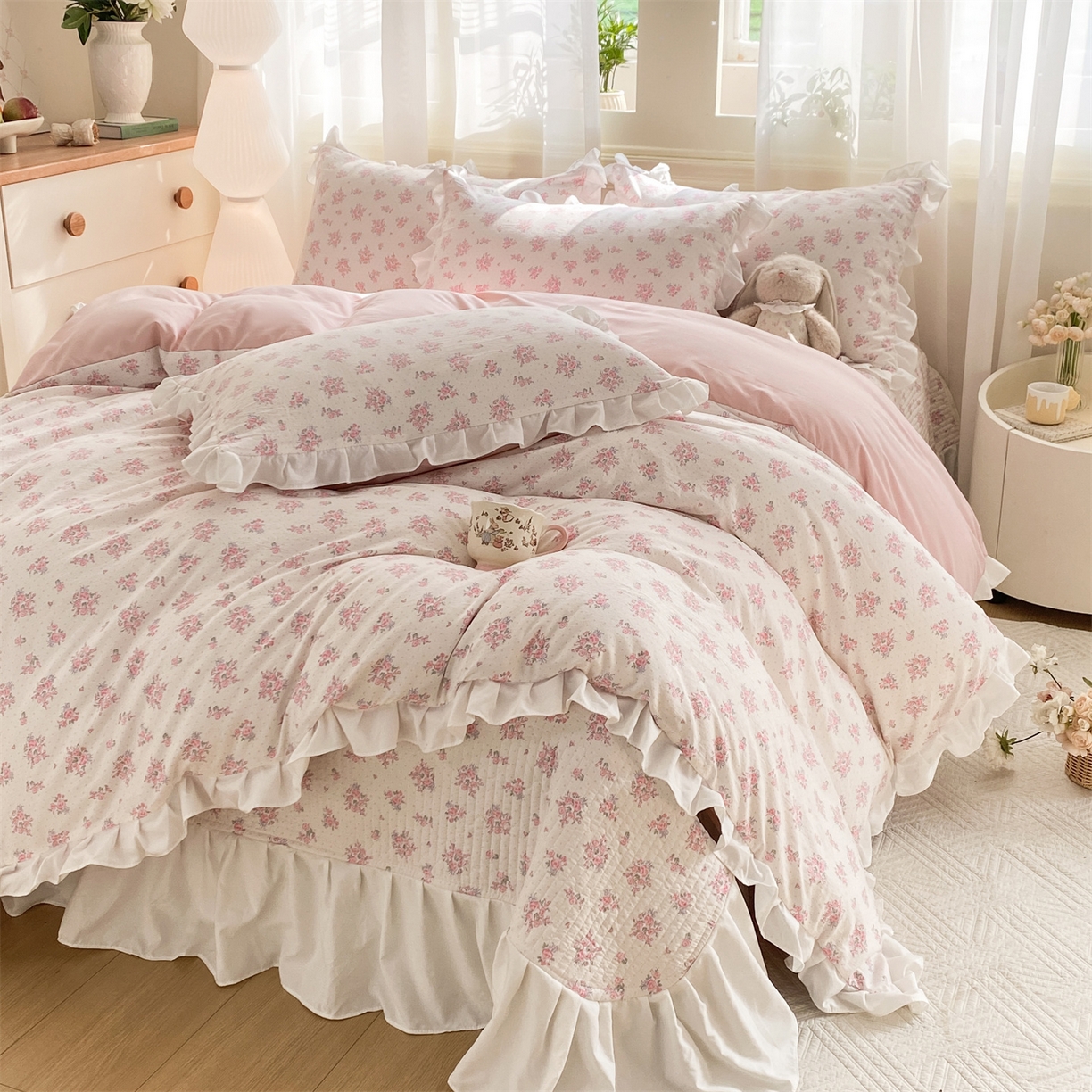 91家纺网 家纺一手货源 找家纺 （总）优贝家纺 2026春夏新款韩系小清新水洗棉古法棉夹棉床盖四件套-风格二