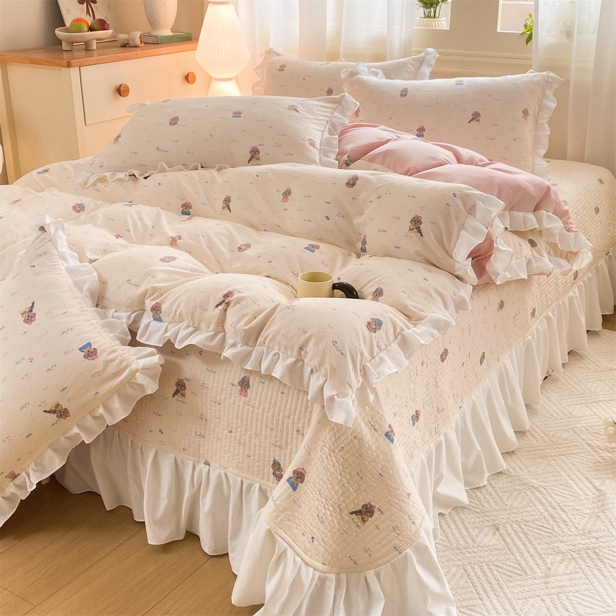 91家纺网 家纺一手货源 找家纺 （总）优贝家纺 2026春夏新款韩系小清新水洗棉古法棉夹棉床盖四件套-风格二