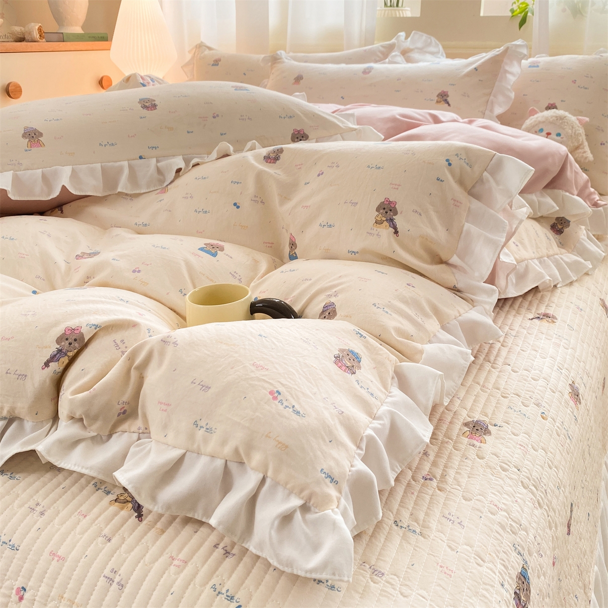 91家纺网 家纺一手货源 找家纺 （总）优贝家纺 2026春夏新款韩系小清新水洗棉古法棉夹棉床盖四件套-风格二