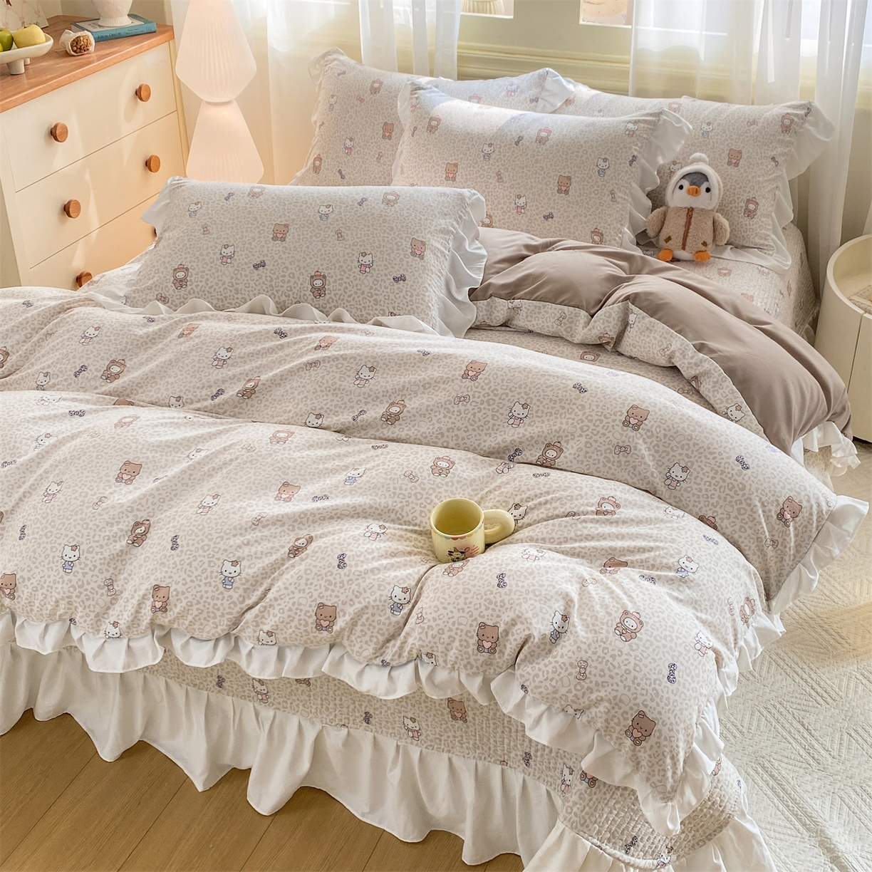 91家纺网 家纺一手货源 找家纺 优贝家纺 2026春夏新款韩系小清新水洗棉古法棉夹棉床盖四件套-风格二 奶咖萌兔