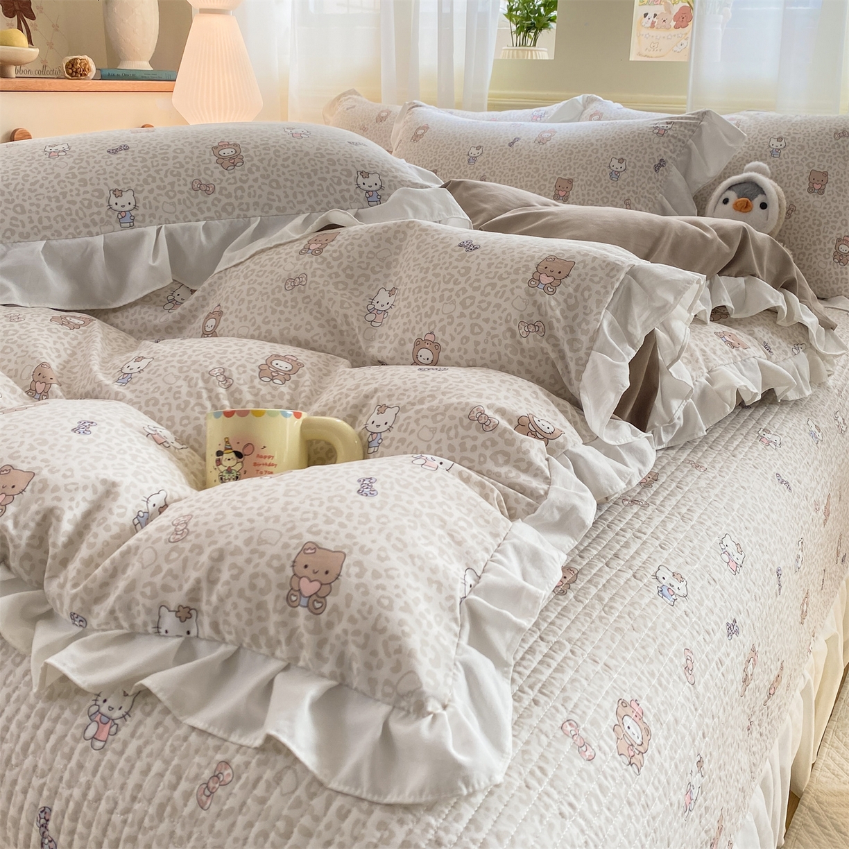 91家纺网 家纺一手货源 找家纺 优贝家纺 2026春夏新款韩系小清新水洗棉古法棉夹棉床盖四件套-风格二 奶咖萌兔