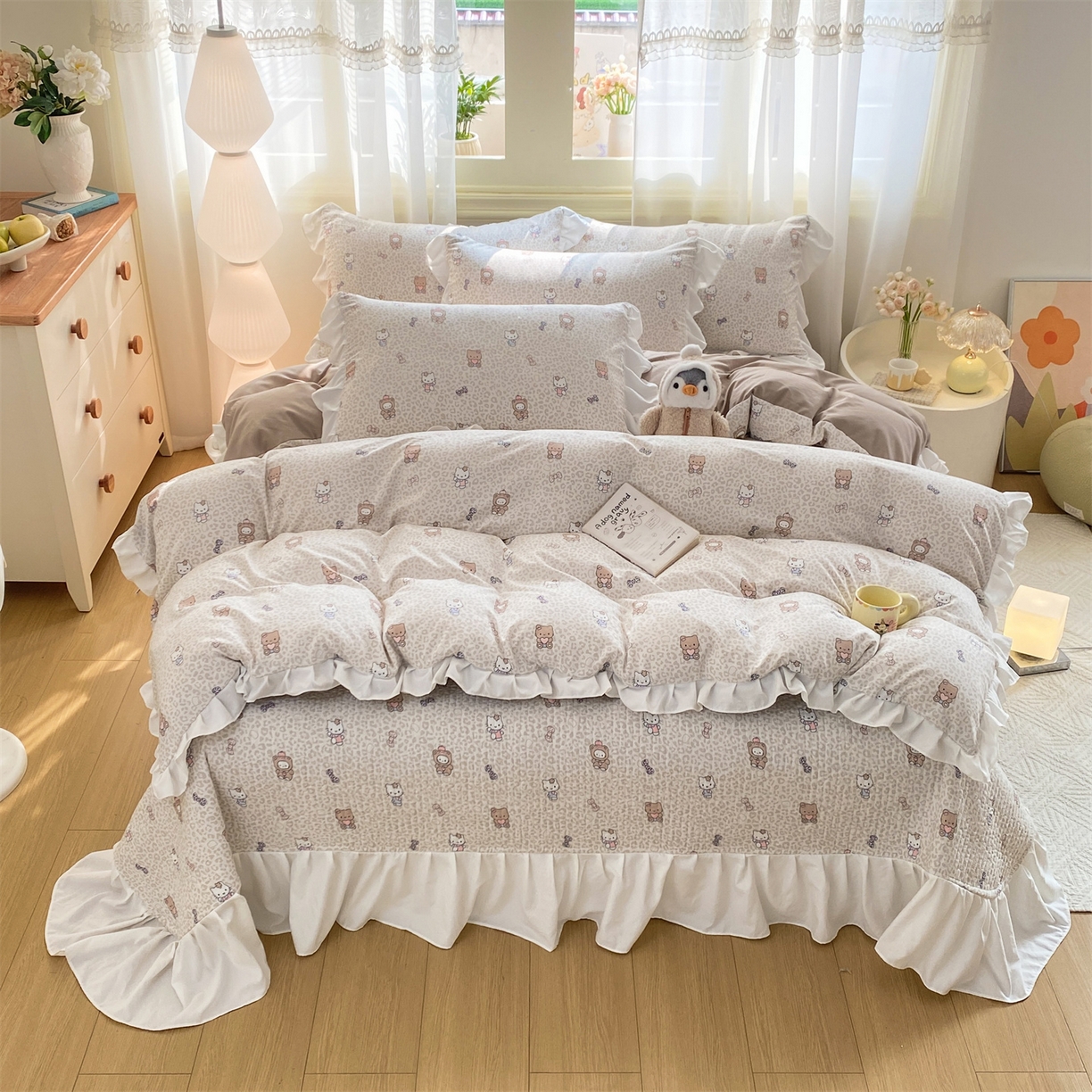 91家纺网 家纺一手货源 找家纺 优贝家纺 2026春夏新款韩系小清新水洗棉古法棉夹棉床盖四件套-风格二 奶咖萌兔