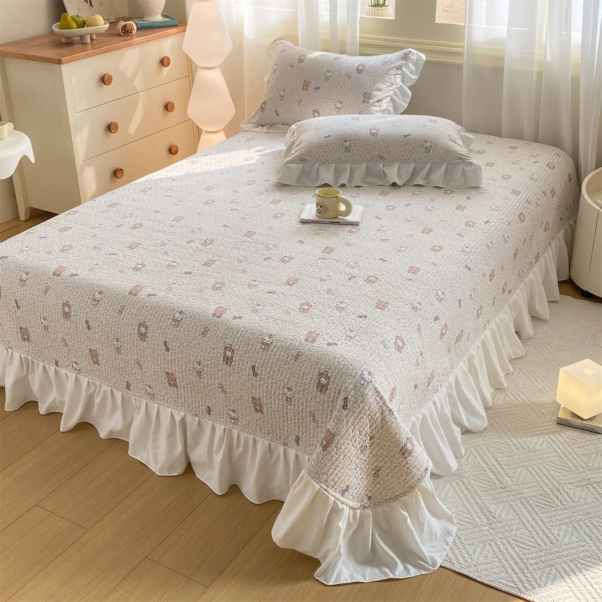 91家纺网 家纺一手货源 找家纺 优贝家纺 2026春夏新款韩系小清新水洗棉古法棉夹棉床盖四件套-风格二 奶咖萌兔