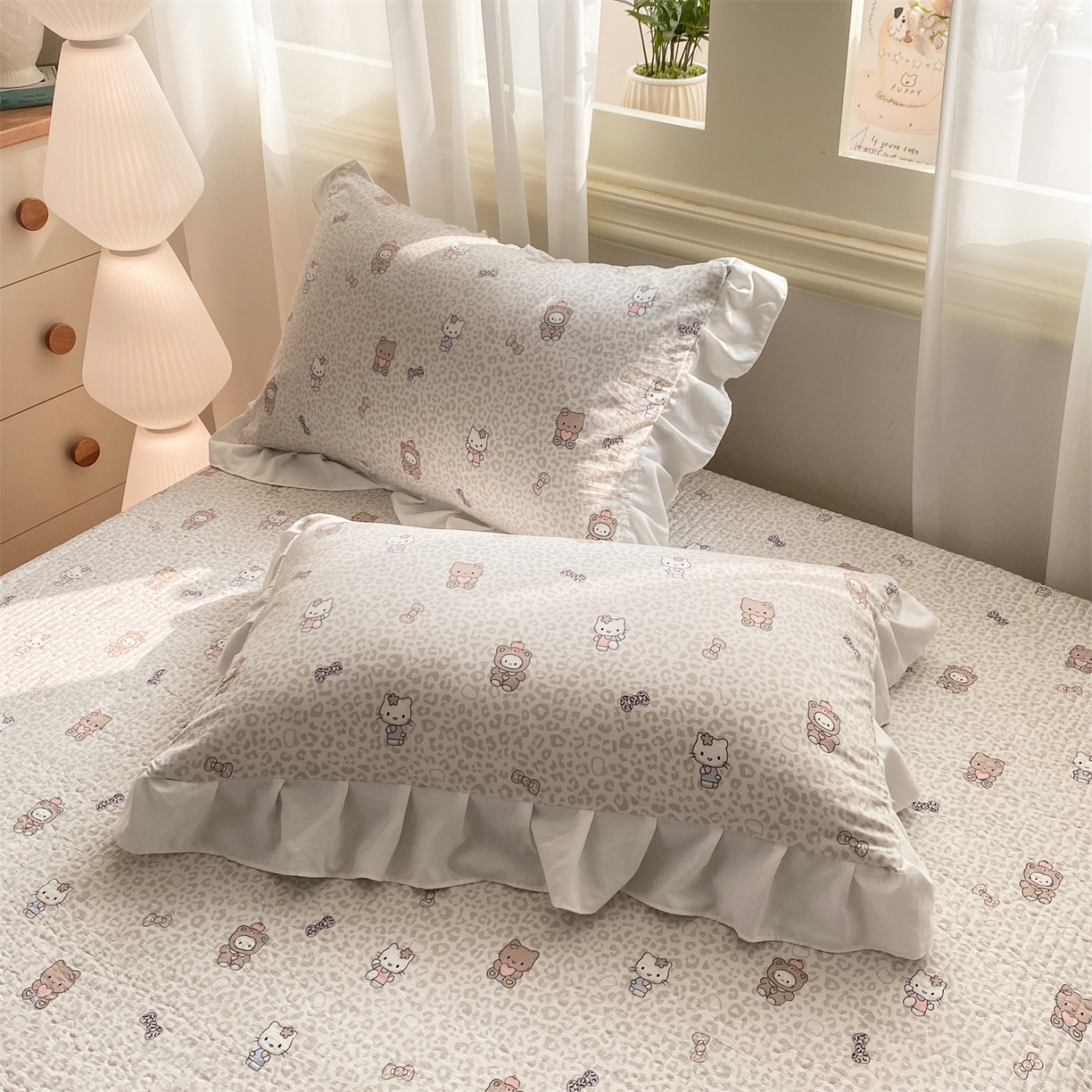 91家纺网 家纺一手货源 找家纺 优贝家纺 2026春夏新款韩系小清新水洗棉古法棉夹棉床盖四件套-风格二 奶咖萌兔