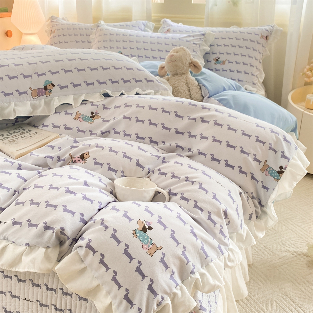 91家纺网 家纺一手货源 找家纺 优贝家纺 2026春夏新款韩系小清新水洗棉古法棉夹棉床盖四件套-风格二 时尚萌犬