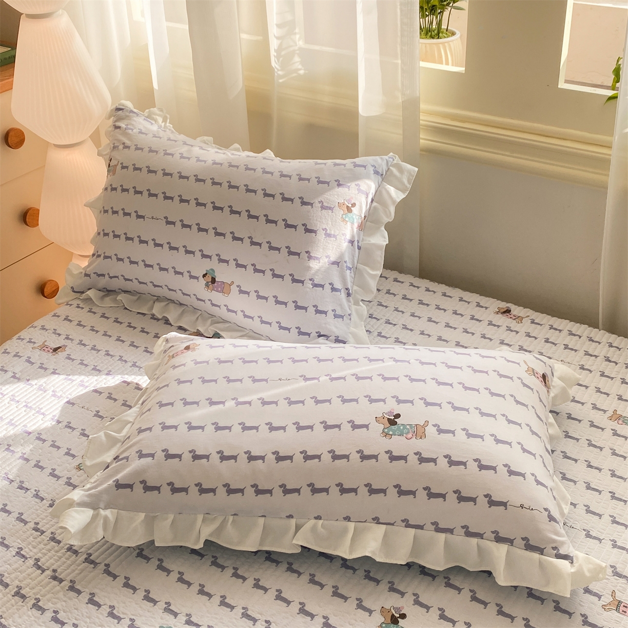 91家纺网 家纺一手货源 找家纺 优贝家纺 2026春夏新款韩系小清新水洗棉古法棉夹棉床盖四件套-风格二 时尚萌犬