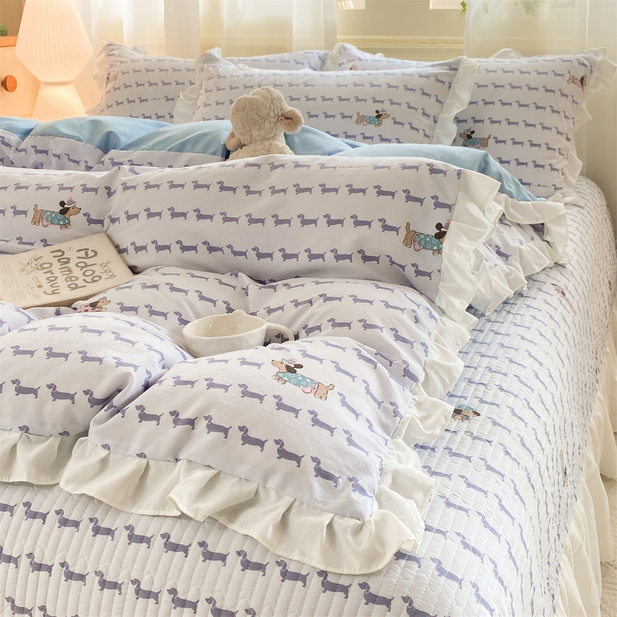 91家纺网 家纺一手货源 找家纺 优贝家纺 2026春夏新款韩系小清新水洗棉古法棉夹棉床盖四件套-风格二 时尚萌犬