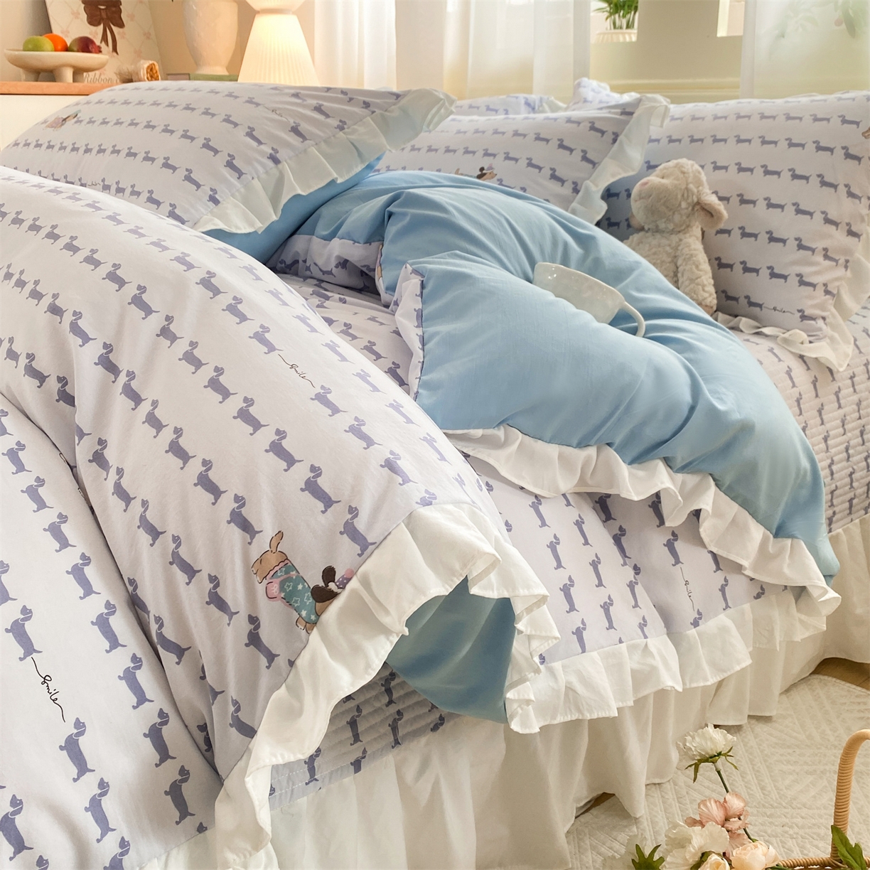 91家纺网 家纺一手货源 找家纺 优贝家纺 2026春夏新款韩系小清新水洗棉古法棉夹棉床盖四件套-风格二 时尚萌犬