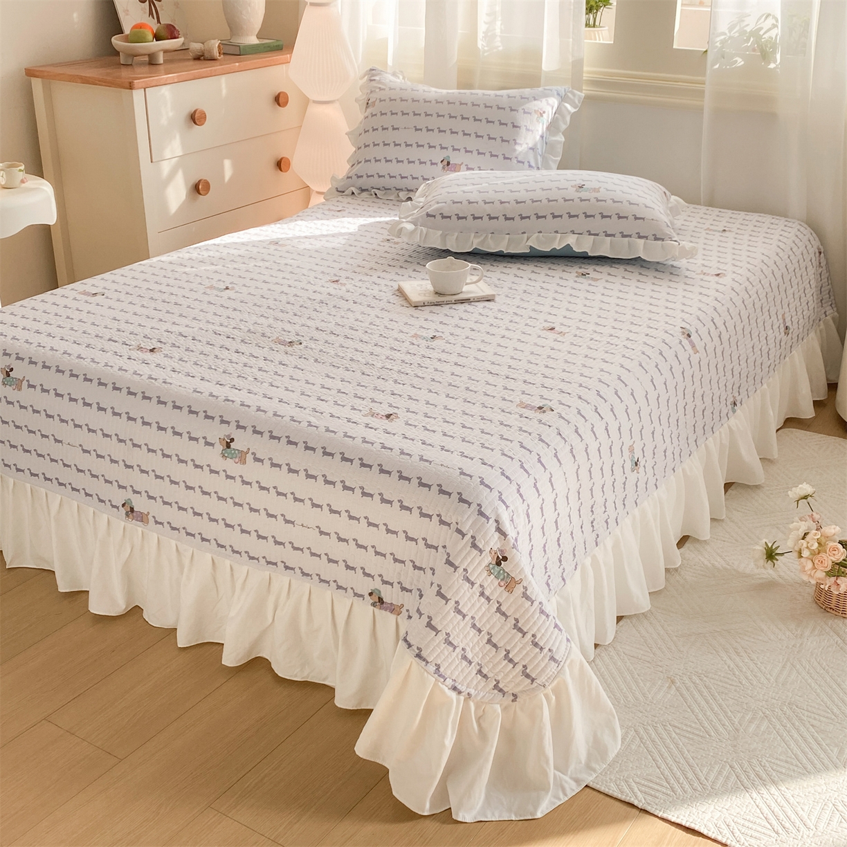 91家纺网 家纺一手货源 找家纺 优贝家纺 2026春夏新款韩系小清新水洗棉古法棉夹棉床盖四件套-风格二 时尚萌犬