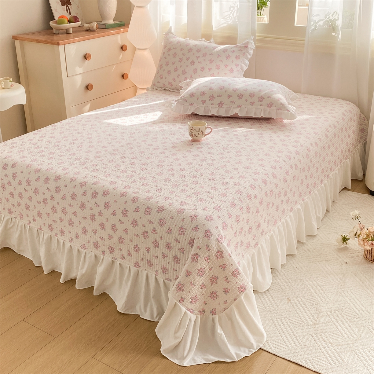 91家纺网 家纺一手货源 找家纺 优贝家纺 2026春夏新款韩系小清新水洗棉古法棉夹棉床盖四件套-风格二 桃粉花漾