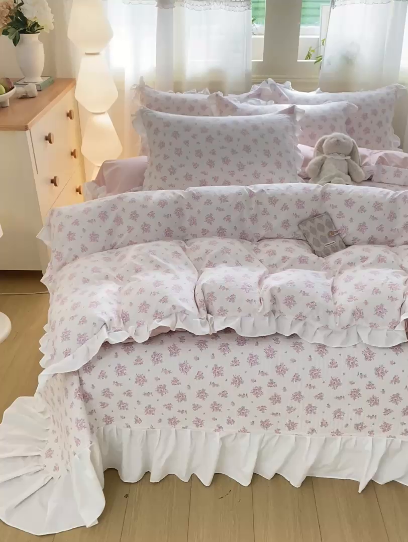 91家纺网 家纺一手货源 找家纺 优贝家纺 2026春夏新款韩系小清新水洗棉古法棉夹棉床盖四件套-风格二 桃粉花漾