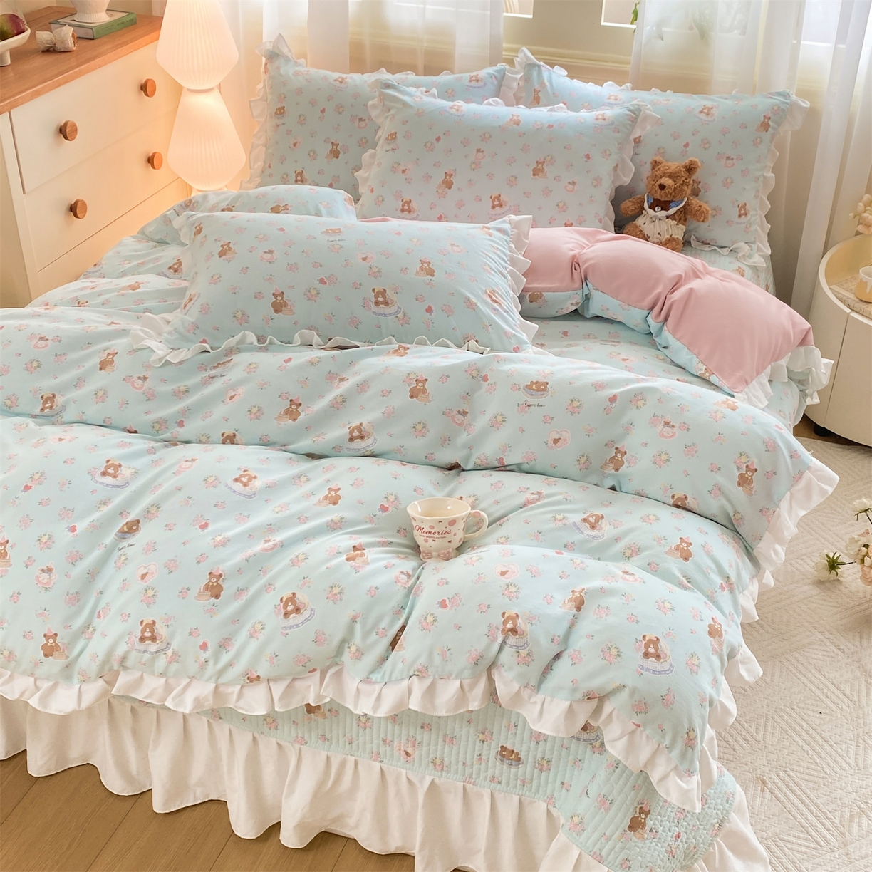 91家纺网 家纺一手货源 找家纺 优贝家纺 2026春夏新款韩系小清新水洗棉古法棉夹棉床盖四件套-风格二 甜心小熊