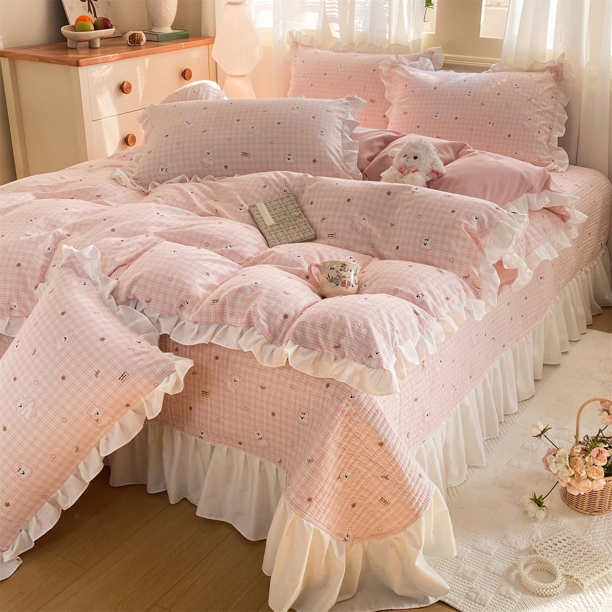 91家纺网 家纺一手货源 找家纺 优贝家纺 2026春夏新款韩系小清新水洗棉古法棉夹棉床盖四件套-风格二 星星萌宠