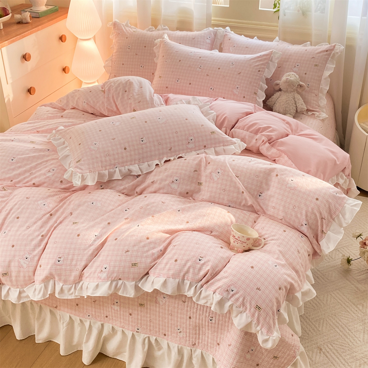 91家纺网 家纺一手货源 找家纺 优贝家纺 2026春夏新款韩系小清新水洗棉古法棉夹棉床盖四件套-风格二 星星萌宠