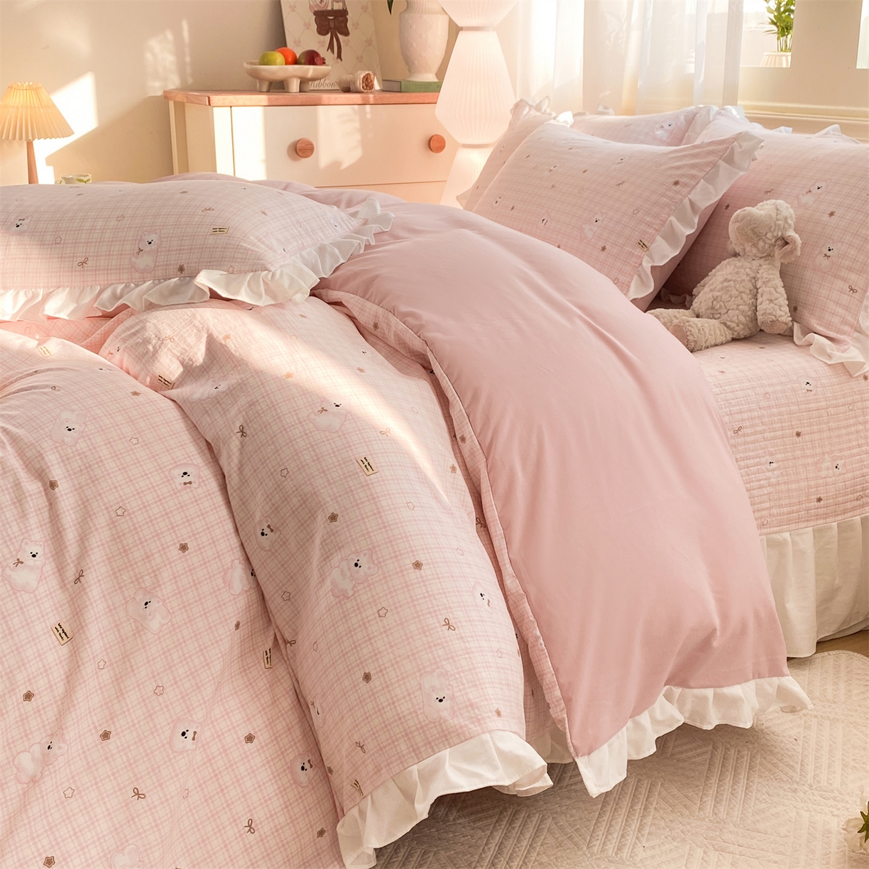 91家纺网 家纺一手货源 找家纺 优贝家纺 2026春夏新款韩系小清新水洗棉古法棉夹棉床盖四件套-风格二 星星萌宠