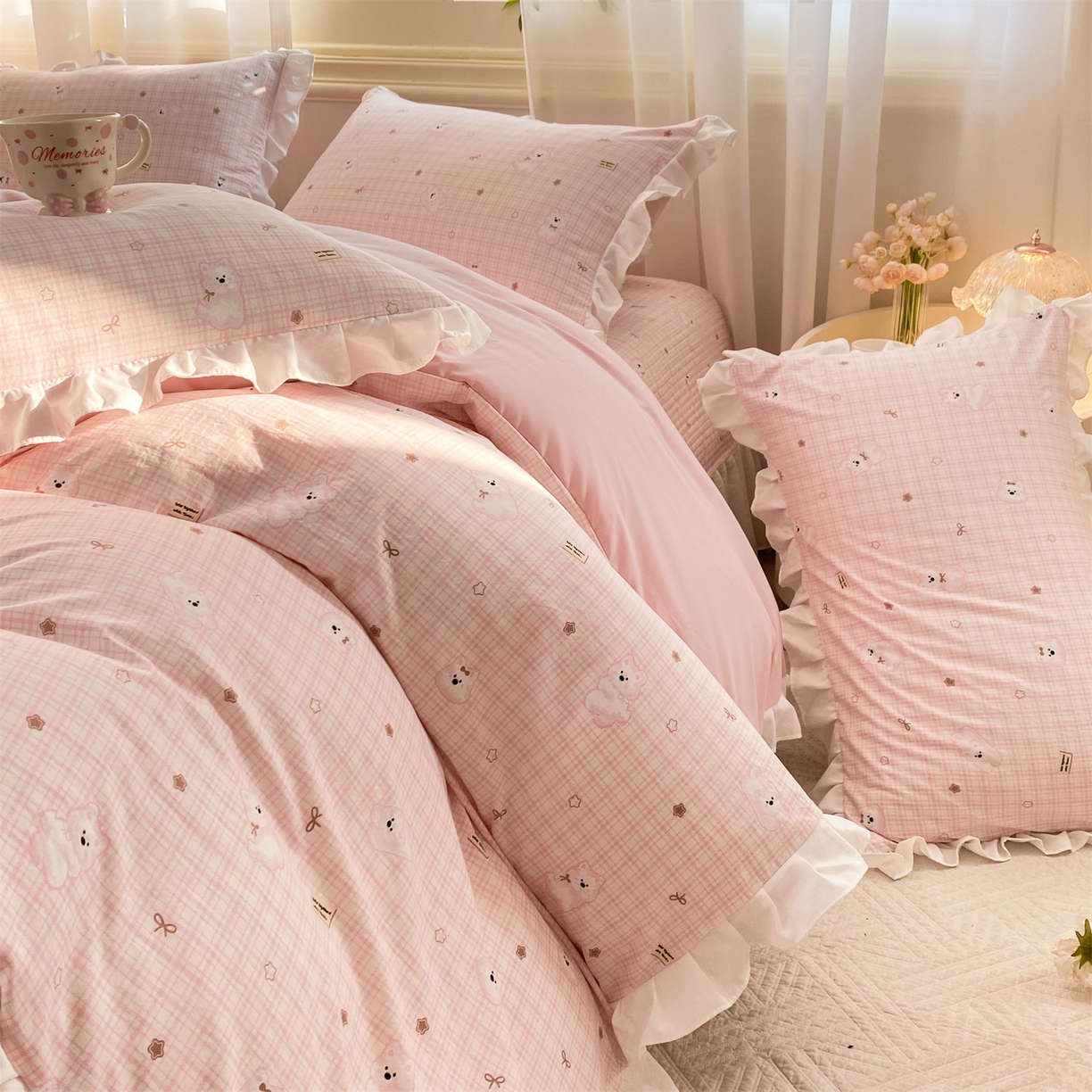 91家纺网 家纺一手货源 找家纺 优贝家纺 2026春夏新款韩系小清新水洗棉古法棉夹棉床盖四件套-风格二 星星萌宠