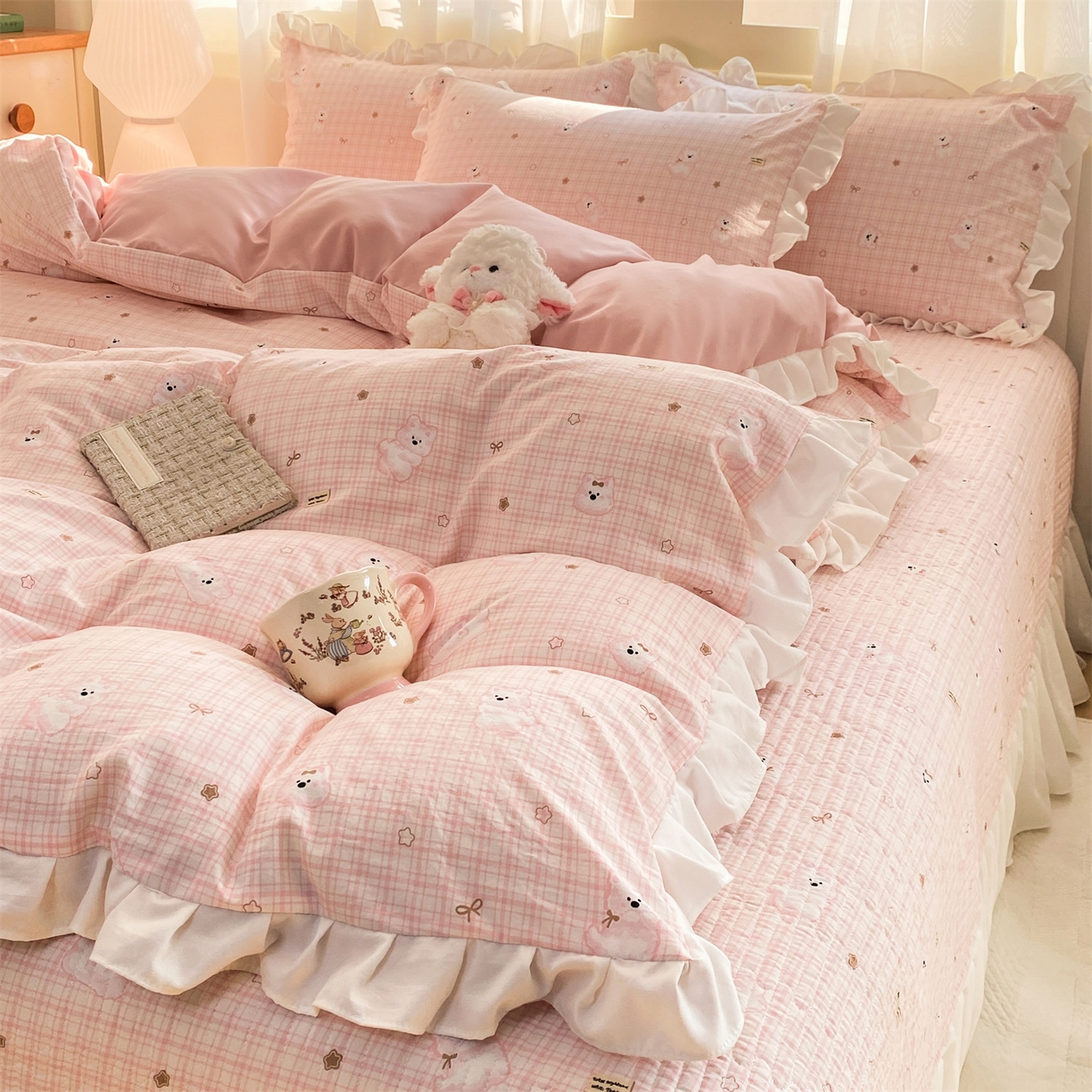 91家纺网 家纺一手货源 找家纺 优贝家纺 2026春夏新款韩系小清新水洗棉古法棉夹棉床盖四件套-风格二 星星萌宠