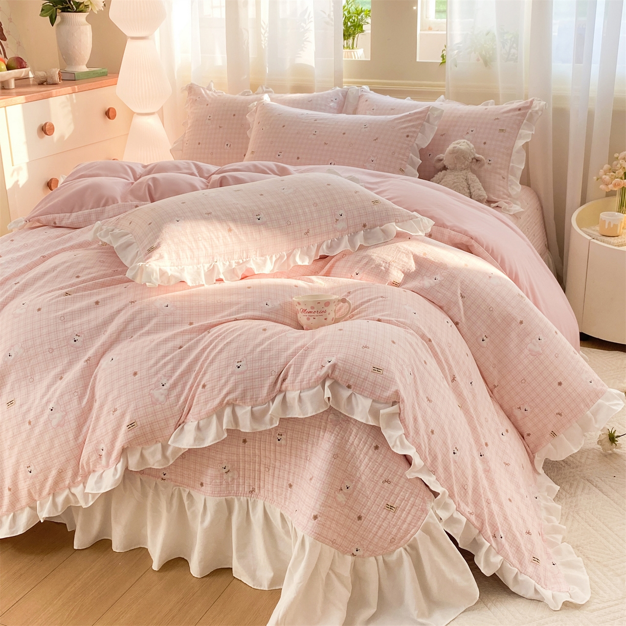 优贝家纺 2026春夏新款韩系小清新水洗棉古法棉夹棉床盖四件套-风格二 星星萌宠