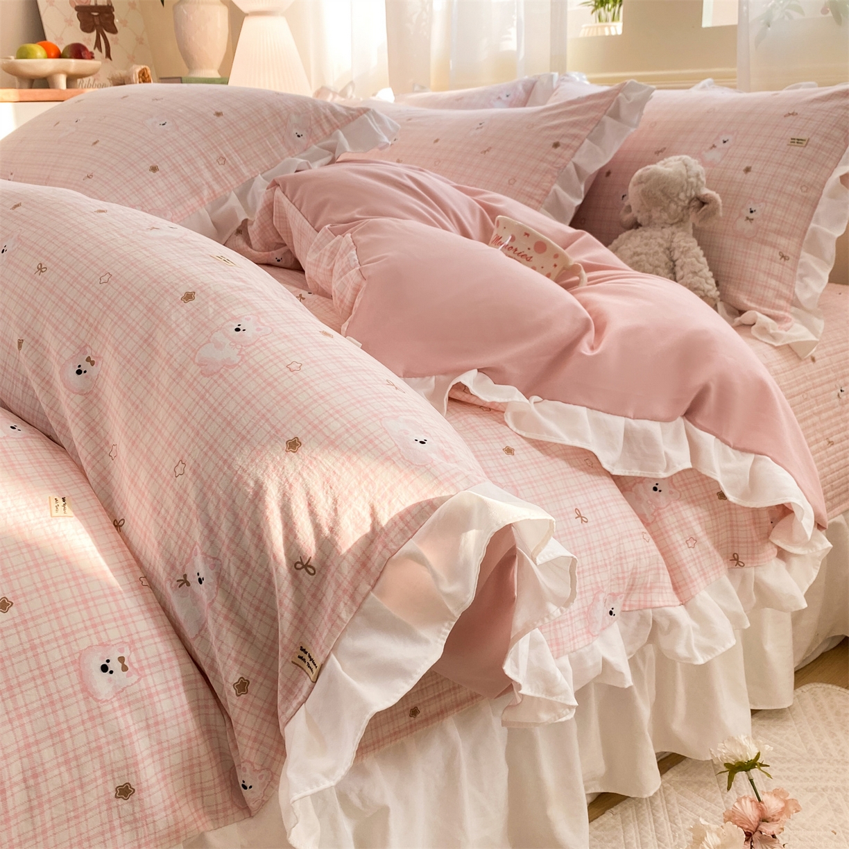 91家纺网 家纺一手货源 找家纺 优贝家纺 2026春夏新款韩系小清新水洗棉古法棉夹棉床盖四件套-风格二 星星萌宠