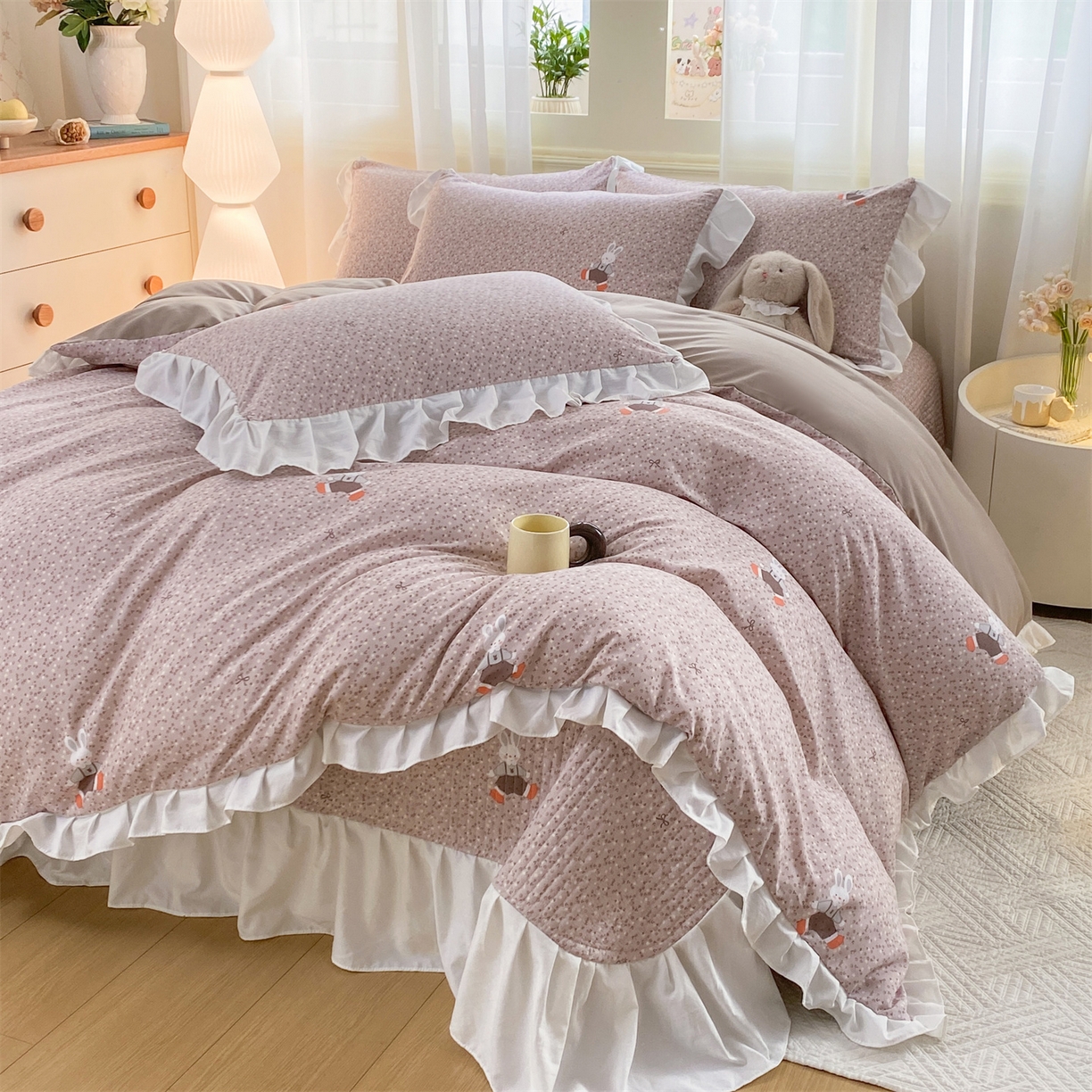 优贝家纺 2026春夏新款韩系小清新水洗棉古法棉夹棉床盖四件套-风格二 芋泥奶兔
