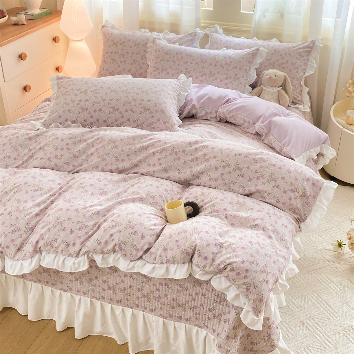 91家纺网 家纺一手货源 找家纺 优贝家纺 2026春夏新款韩系小清新水洗棉古法棉夹棉床盖四件套-风格二 芋雾花眠