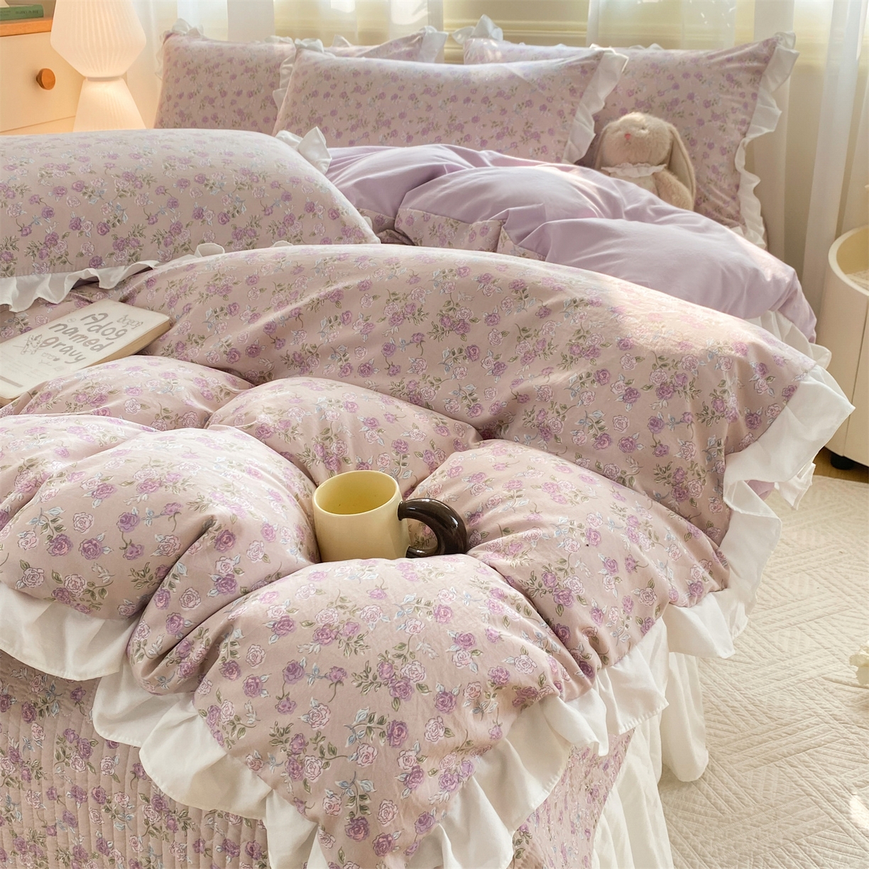 91家纺网 家纺一手货源 找家纺 优贝家纺 2026春夏新款韩系小清新水洗棉古法棉夹棉床盖四件套-风格二 芋雾花眠