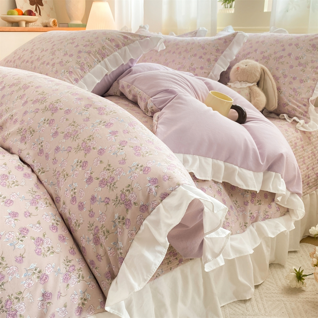 91家纺网 家纺一手货源 找家纺 优贝家纺 2026春夏新款韩系小清新水洗棉古法棉夹棉床盖四件套-风格二 芋雾花眠