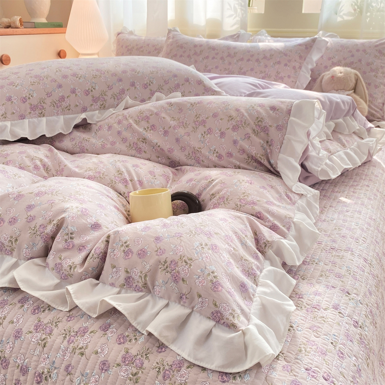 91家纺网 家纺一手货源 找家纺 优贝家纺 2026春夏新款韩系小清新水洗棉古法棉夹棉床盖四件套-风格二 芋雾花眠