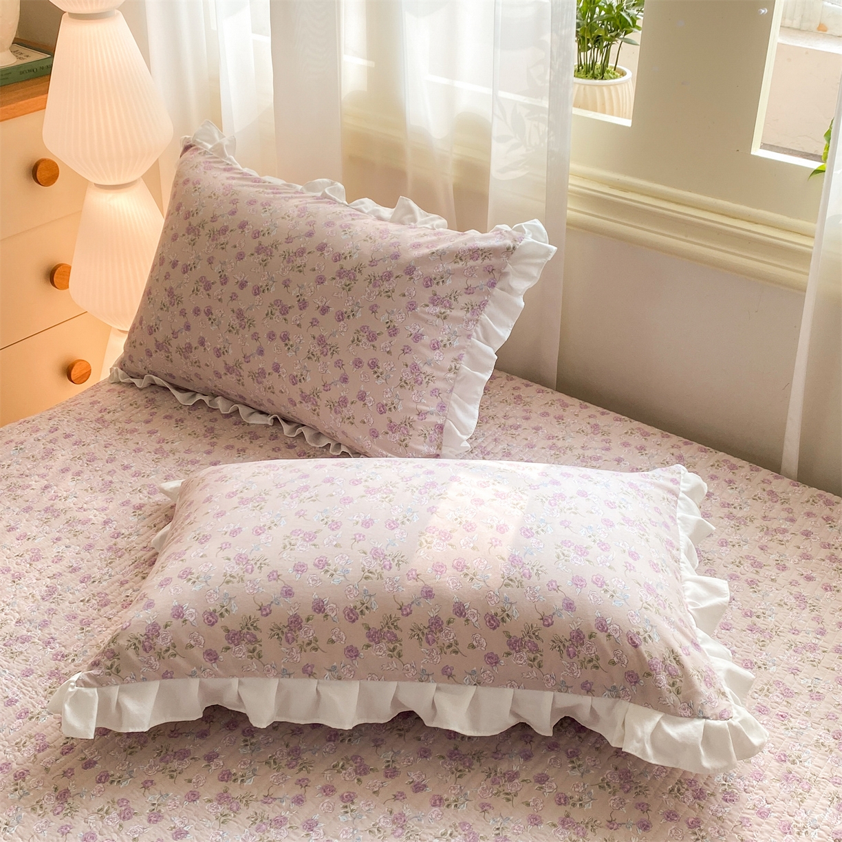 91家纺网 家纺一手货源 找家纺 优贝家纺 2026春夏新款韩系小清新水洗棉古法棉夹棉床盖四件套-风格二 芋雾花眠