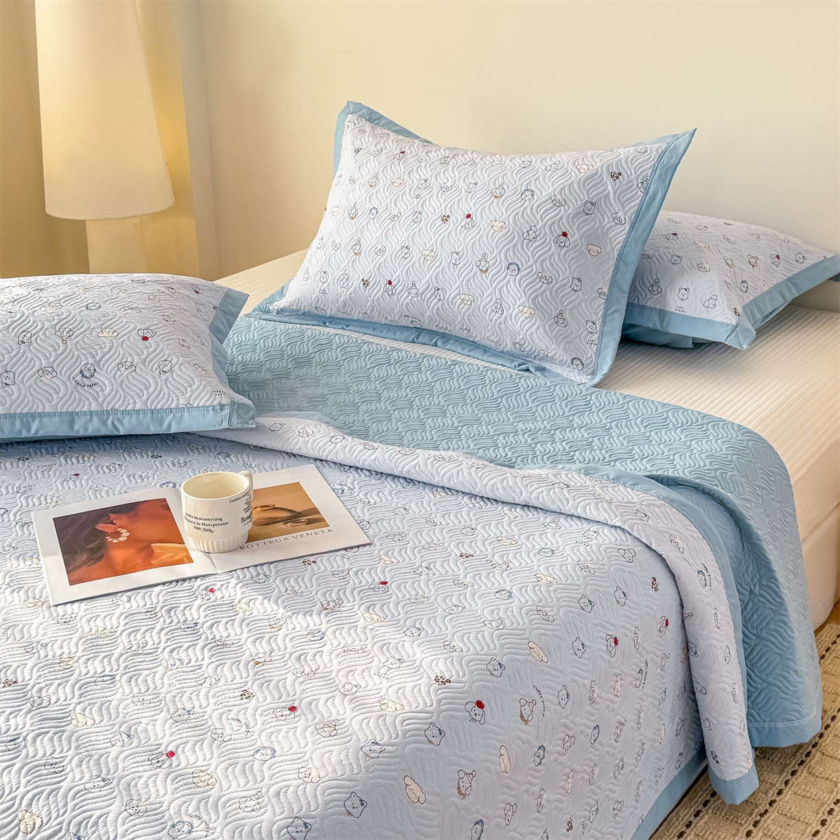 优贝家纺 2026春夏新款水洗棉小清新印花夹棉多功能床盖三件套 小狗乐园