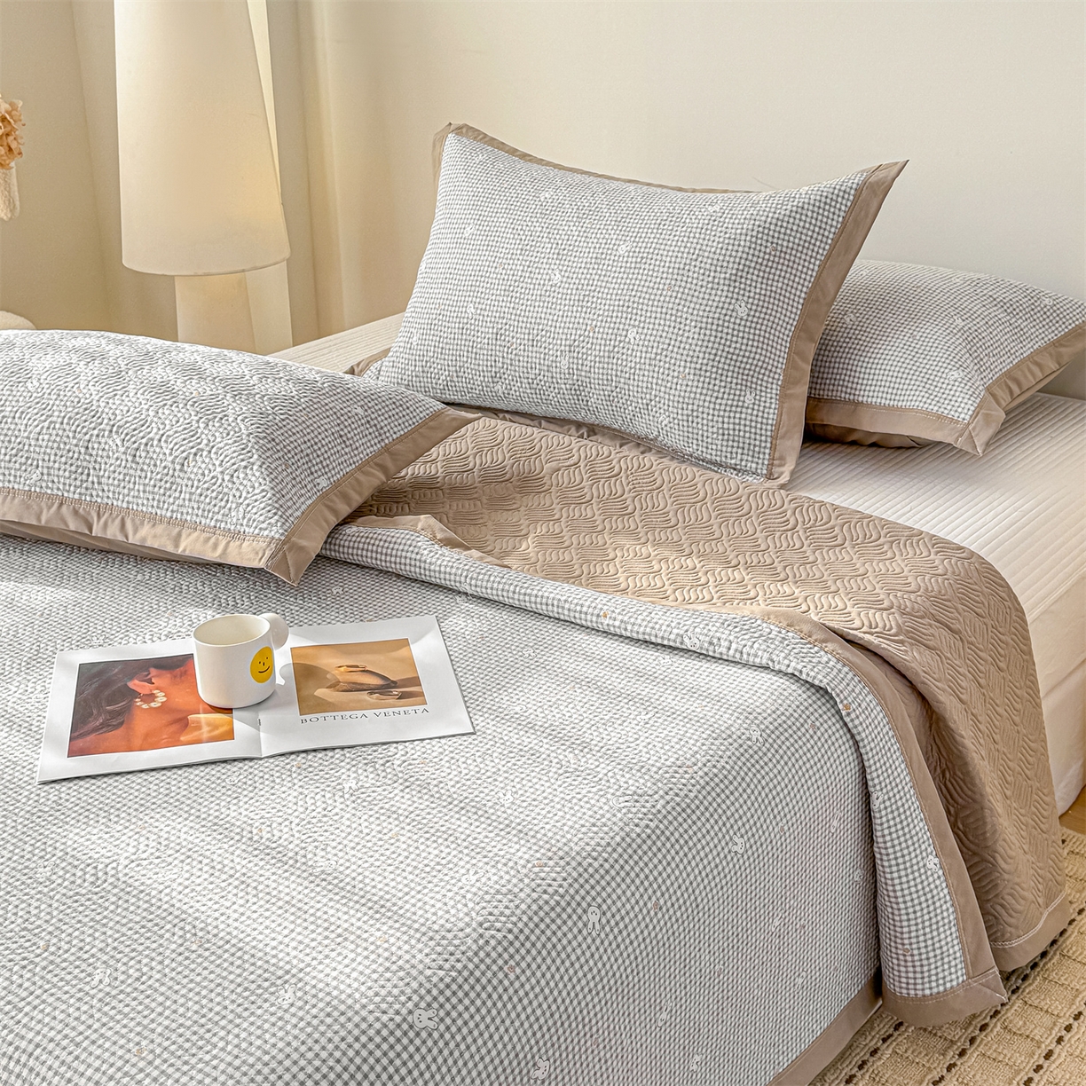 优贝家纺 2026春夏新款水洗棉小清新印花夹棉多功能床盖三件套 小兔织梦