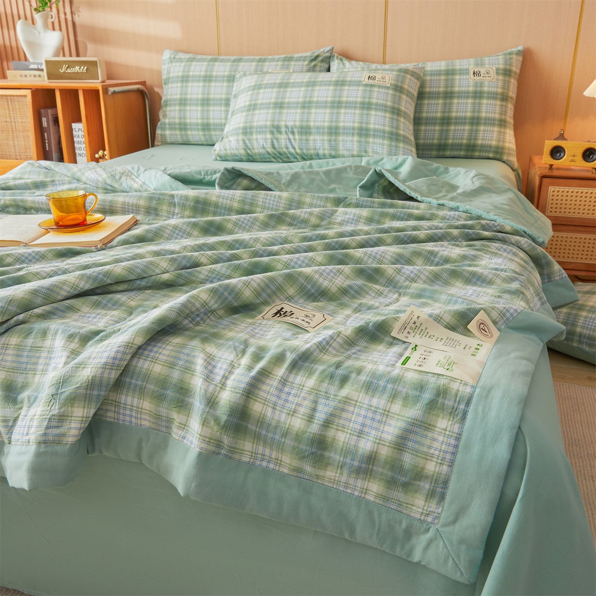 91家纺网 家纺一手货源 找家纺 招财星 2026新款国标无印风纯色100%新疆棉夏被夏凉被空调被棉花夏被棉花被子被芯爆款（含质检报告买家秀包检测） 格雅绿