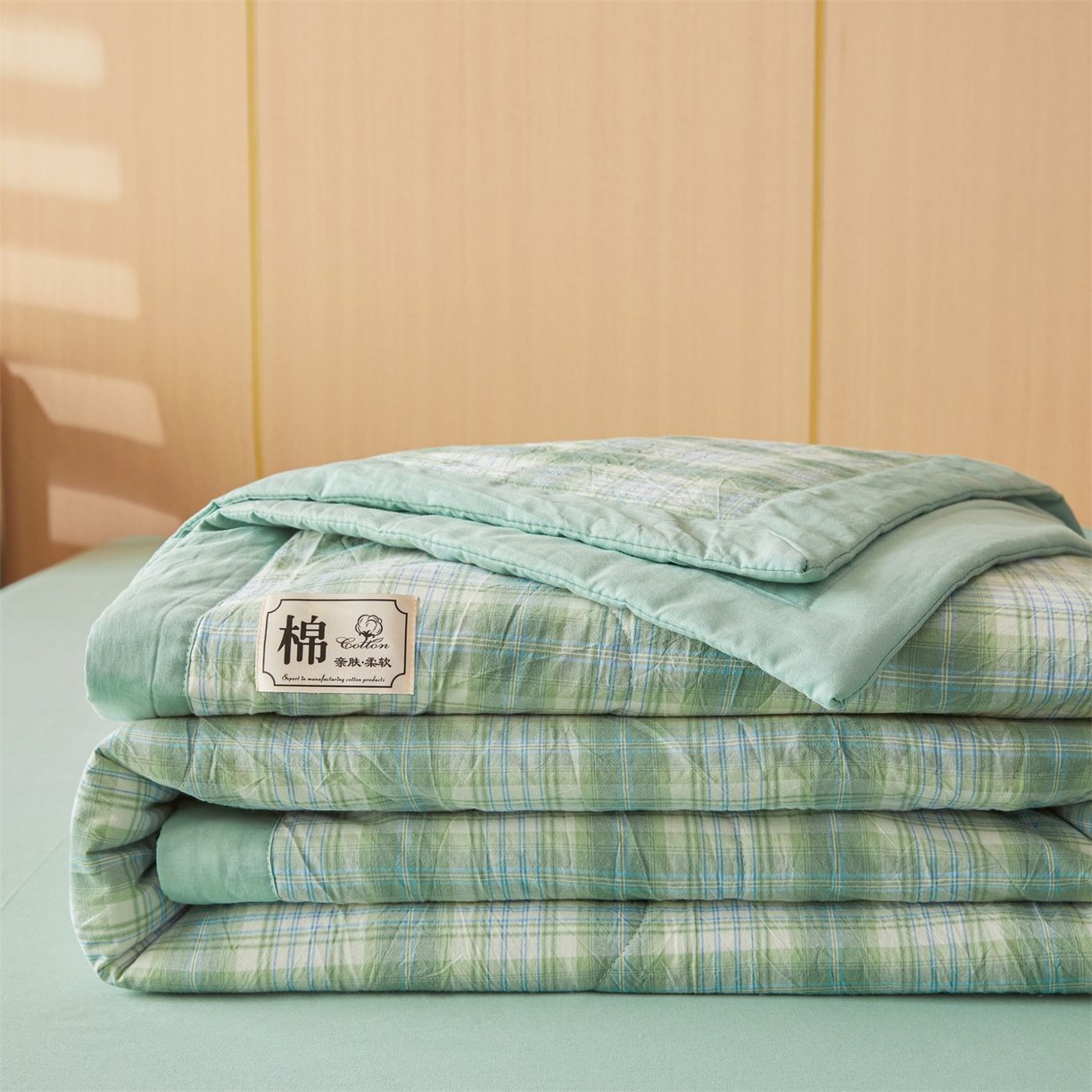 91家纺网 家纺一手货源 找家纺 招财星 2026新款国标无印风纯色100%新疆棉夏被夏凉被空调被棉花夏被棉花被子被芯爆款（含质检报告买家秀包检测） 格雅绿