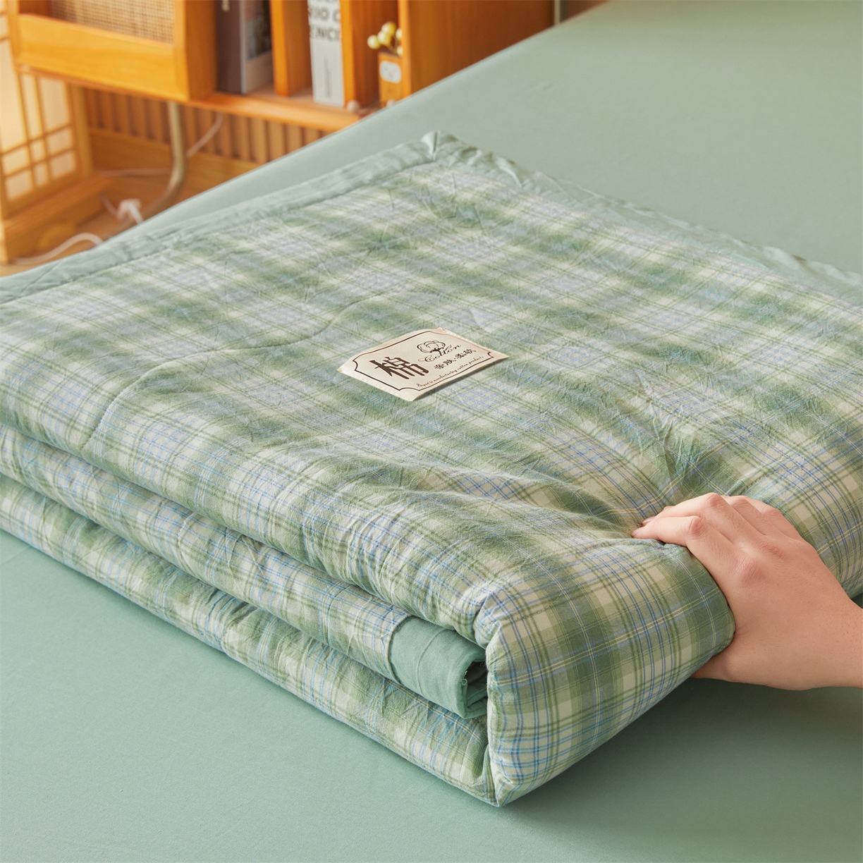 91家纺网 家纺一手货源 找家纺 招财星 2026新款国标无印风纯色100%新疆棉夏被夏凉被空调被棉花夏被棉花被子被芯爆款（含质检报告买家秀包检测） 格雅绿