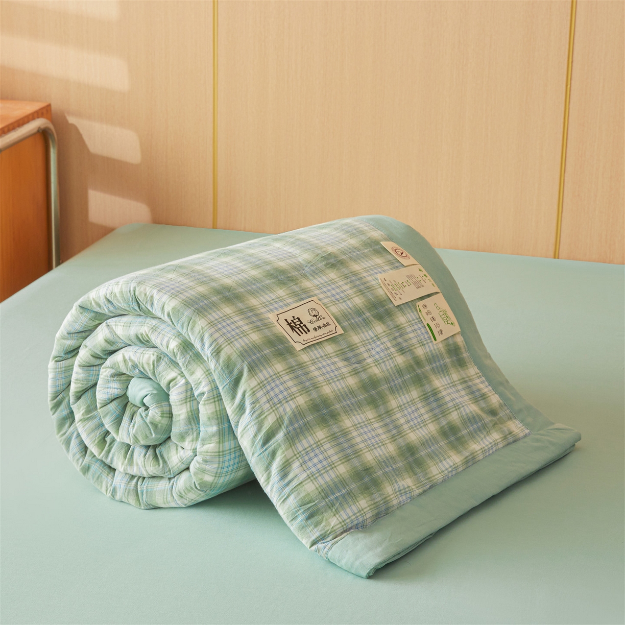 91家纺网 家纺一手货源 找家纺 招财星 2026新款国标无印风纯色100%新疆棉夏被夏凉被空调被棉花夏被棉花被子被芯爆款（含质检报告买家秀包检测） 格雅绿