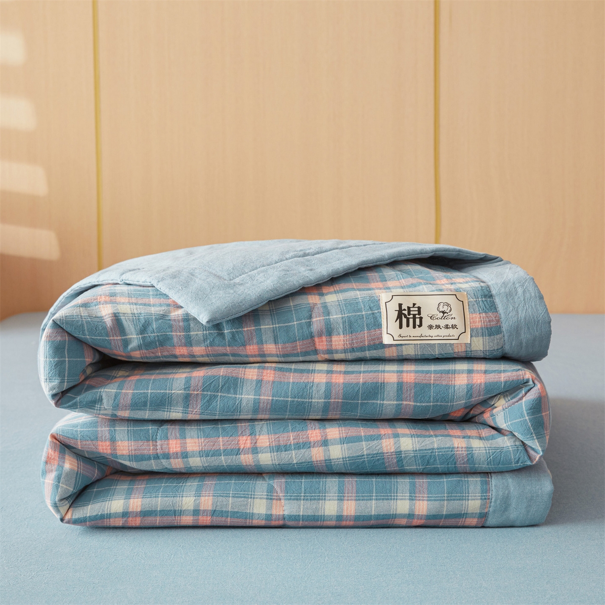 91家纺网 家纺一手货源 找家纺 招财星 2026新款国标无印风纯色100%新疆棉夏被夏凉被空调被棉花夏被棉花被子被芯爆款（含质检报告买家秀包检测） 格韵蓝粉