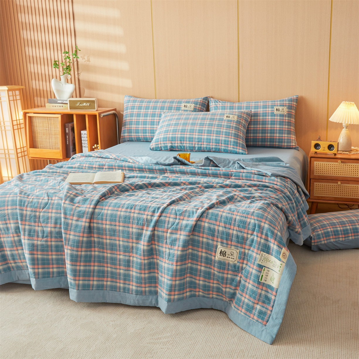 91家纺网 家纺一手货源 找家纺 招财星 2026新款国标无印风纯色100%新疆棉夏被夏凉被空调被棉花夏被棉花被子被芯爆款（含质检报告买家秀包检测） 格韵蓝粉