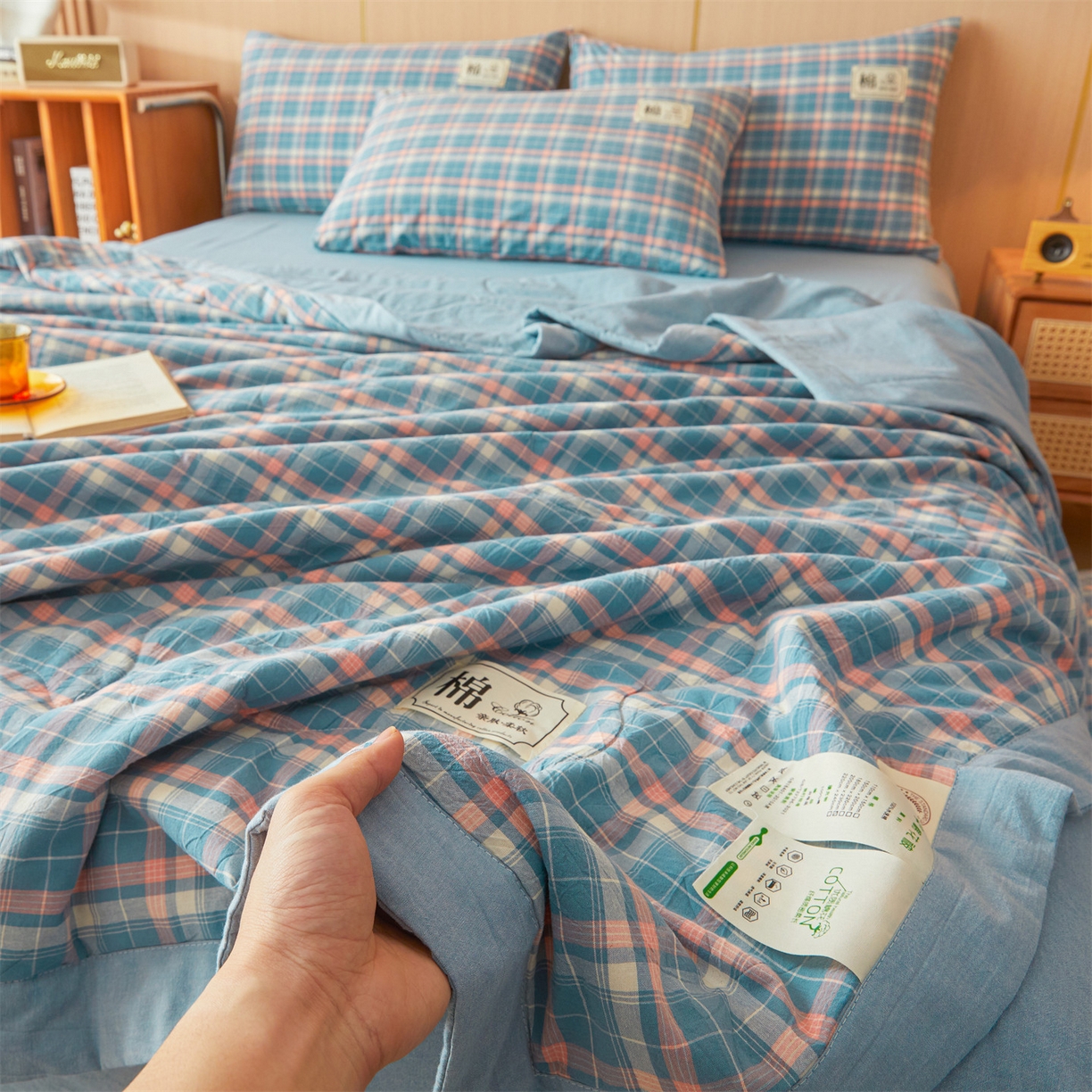 91家纺网 家纺一手货源 找家纺 招财星 2026新款国标无印风纯色100%新疆棉夏被夏凉被空调被棉花夏被棉花被子被芯爆款（含质检报告买家秀包检测） 格韵蓝粉