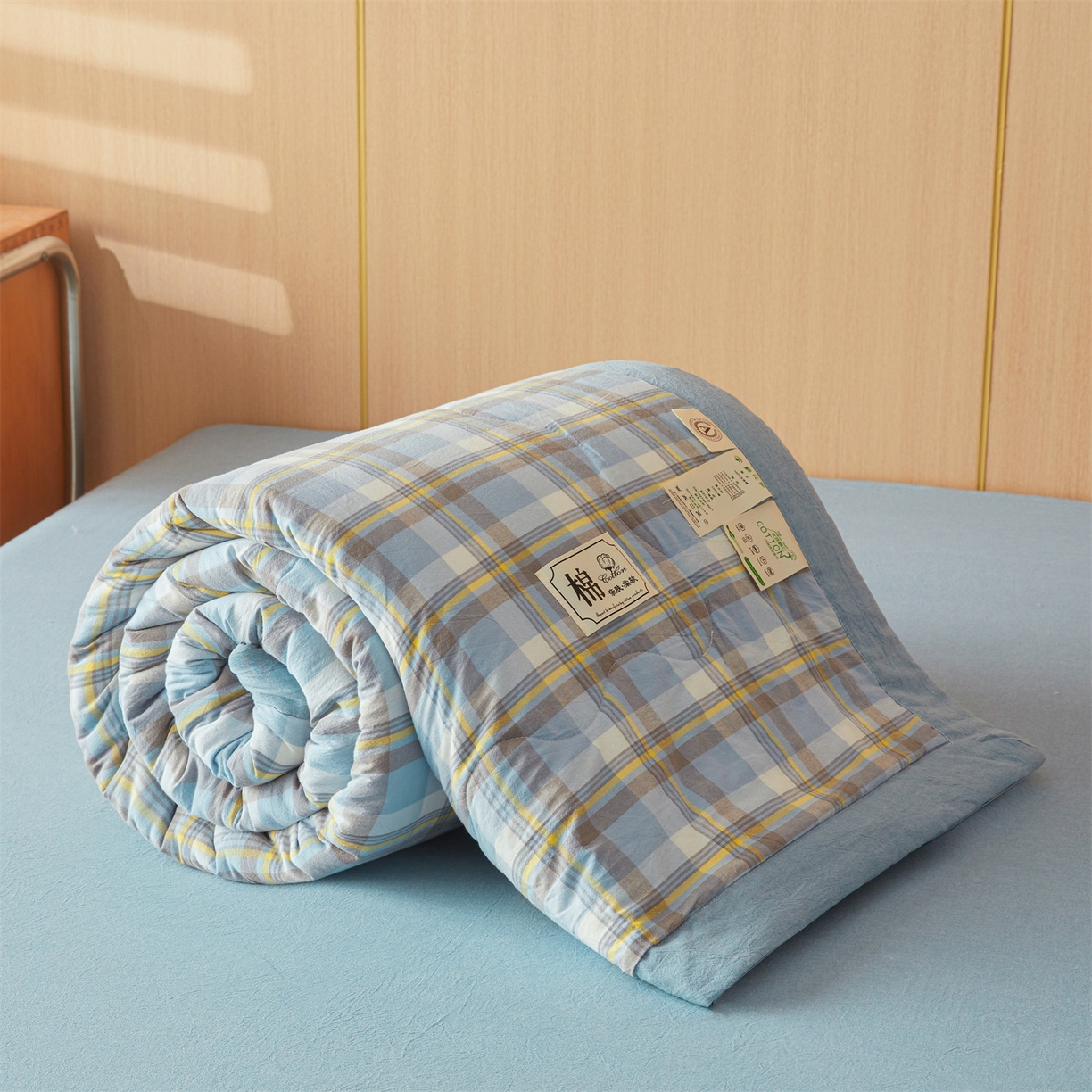 91家纺网 家纺一手货源 找家纺 招财星 2026新款国标无印风纯色100%新疆棉夏被夏凉被空调被棉花夏被棉花被子被芯爆款（含质检报告买家秀包检测） 格韵蓝灰